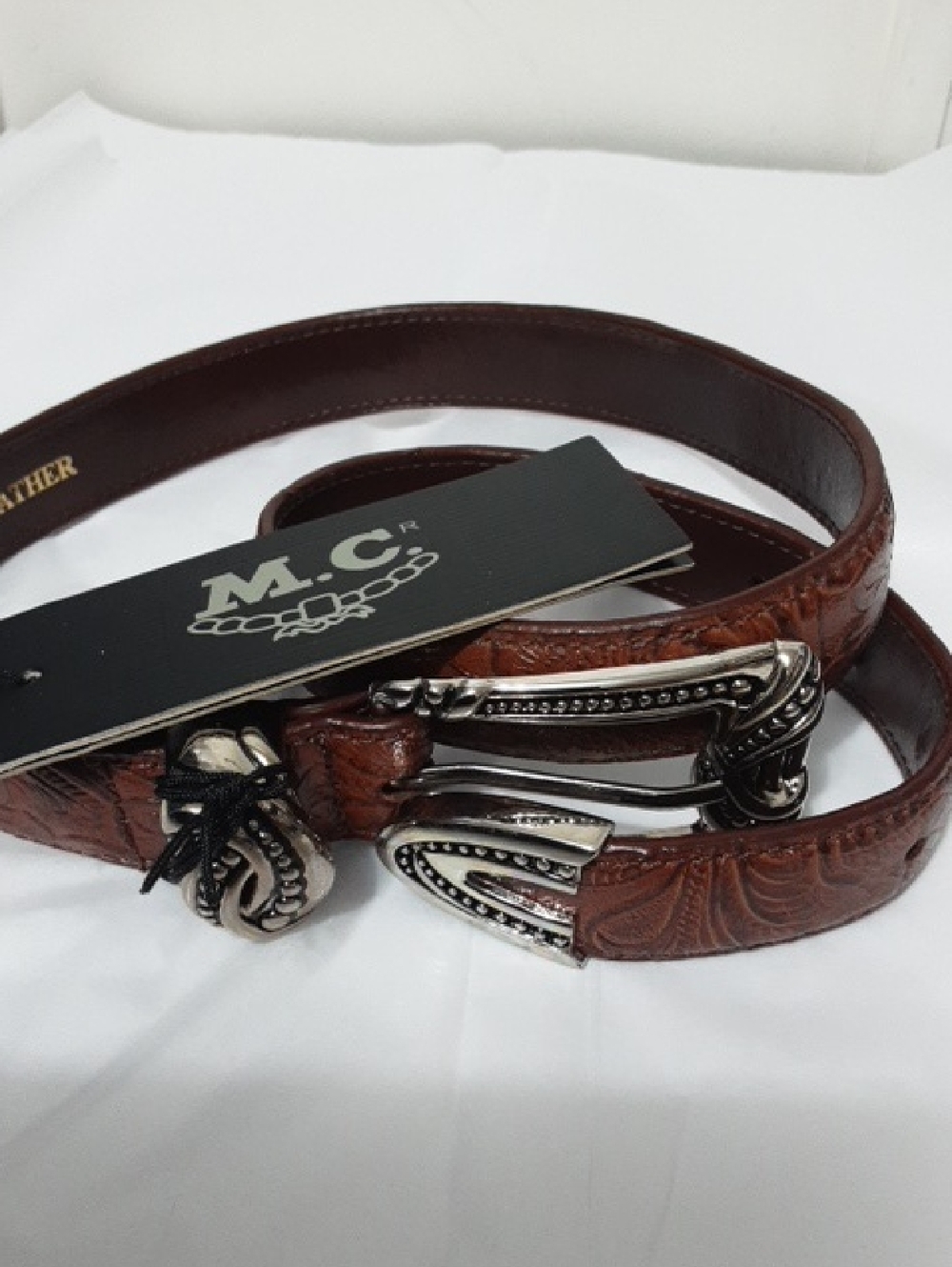 M.C. Brown Tooled Leather‎ Western Belt with Silver Buckle